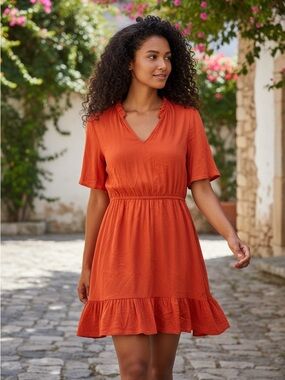 Knox Rose Terracotta V-Neck Flutter Sleeve Mini Dress